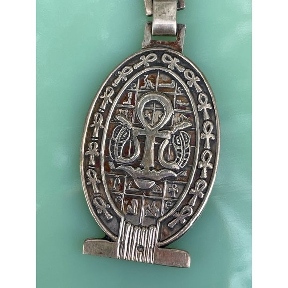 Vintage Sterling Silver Egyptian Key Chain FOB Ankh Cross Hieroglyphics 21 grams - Picture 13 of 15